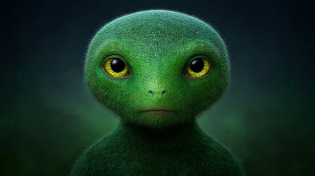 Green alien character with large yellow eyes and smooth skin, set against a dark, atmospheric background, showcasing a unique extraterrestrial design