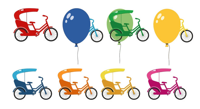 Colorful Rickshaws and Balloons: A Whimsical Transportation and Celebration Scene