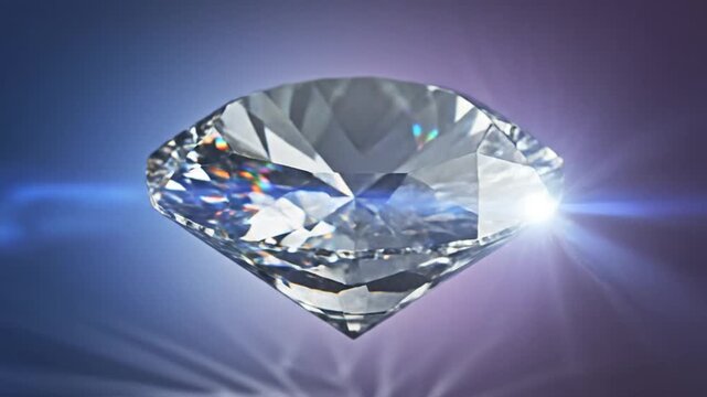 A large, highly faceted brilliant cut diamond suspended in the air against a soft blue and purple gradient background with colorful light refractions and spectral dispersion visible.