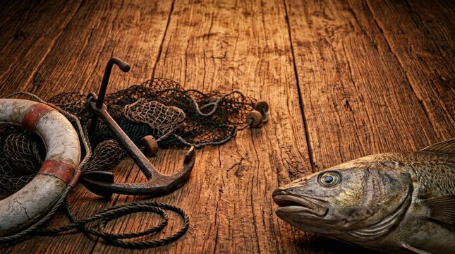 Fresh codfish with rusty anchor, fishing net and weathered life ring on aged wooden planks