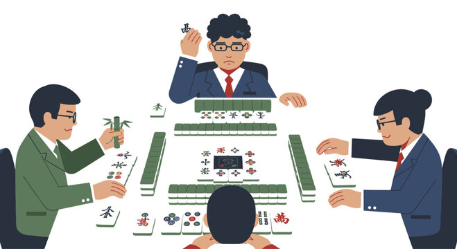 Four people playing Mahjong game at a table, strategy and concentration