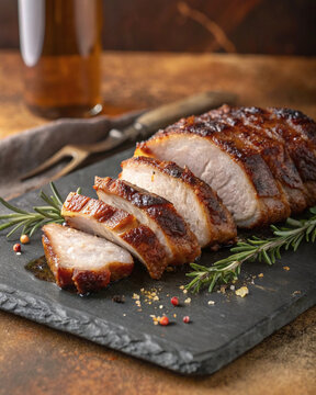 Roasted pork belly with crispy crackling, apple cider glaze, rosemary, warm amber oven light
