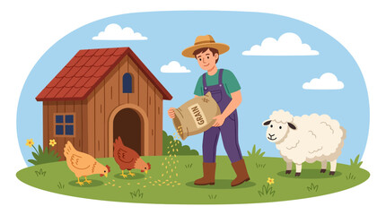 A male farmer feeding chickens and tending to a sheep on a farm. © Ghushun_Ni'amillah