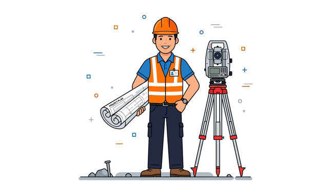 A professional land surveyor standing with a total station and construction blueprints.
