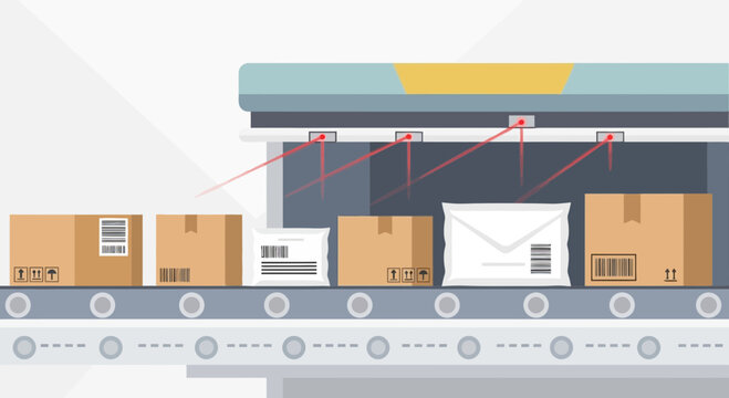 Automated sorting conveyor belt with scanning technology for packages and envelopes