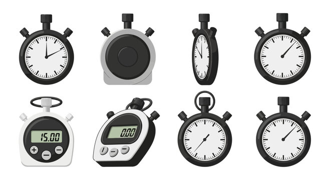 Collection of Stopwatch Icons: Digital and Analog Timekeeping Devices