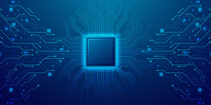 Central processor chip with glowing blue circuits, digital technology and computer processing.
