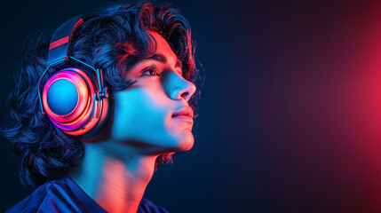Fototapeta na wymiar Profile portrait of guy listening to music in gaming headphones, neon light background with copy space