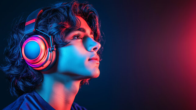 Profile portrait of guy listening to music in gaming headphones, neon light background with copy space