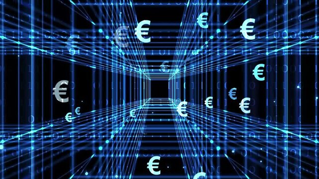 3d euro sign animation in futuristic cube tunnel with binary code, blue abstract graphic overlay concept for blockchain, cryptocurrency, cbdc and tokenization tehnology