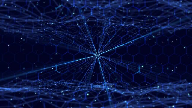 light rays, sparks and digital grid on blue hexagon background, abstract futuristic animation concept for stablecoin blockchain technology, tokenization and big data