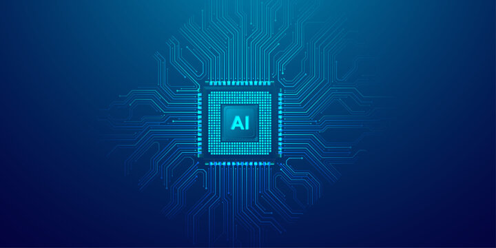 Modern ai microprocessor centered on blue circuit board background for tech concept.