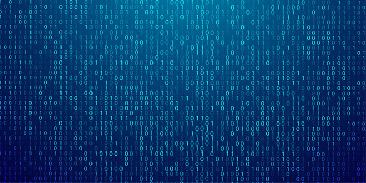 Abstract blue binary code background digital stream of ones and zeroes on dark backdrop.