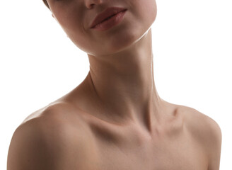 Naklejka premium Woman with beautiful skin on white background, closeup