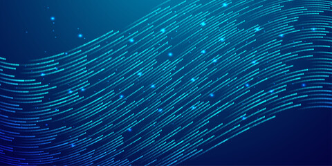 Abstract blue data stream background with glowing particles and wavy lines representing digital information. © Nahin