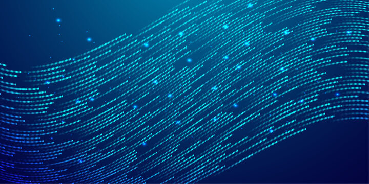 Abstract blue data stream background with glowing particles and wavy lines representing digital information.
