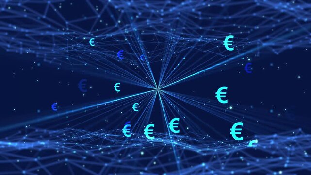 euro signs in light rays, sparks and digital grid on deep blue background, abstract futuristic animation concept for digital euro, stablecoin blockchain technology, tokenization
