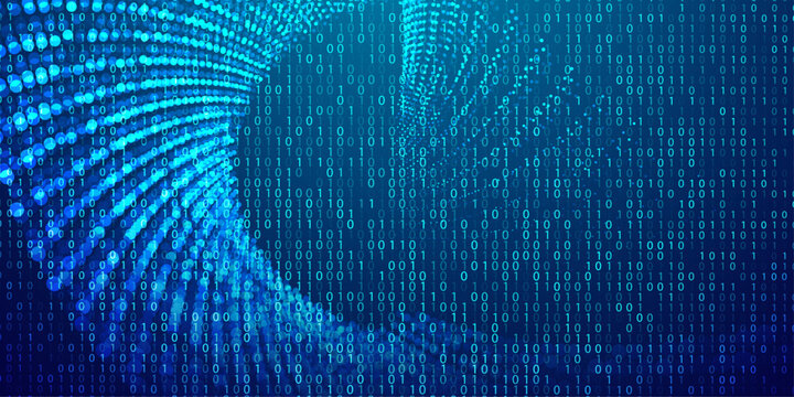 Abstract blue binary code stream forming a swirling spiral with digital data on dark background.