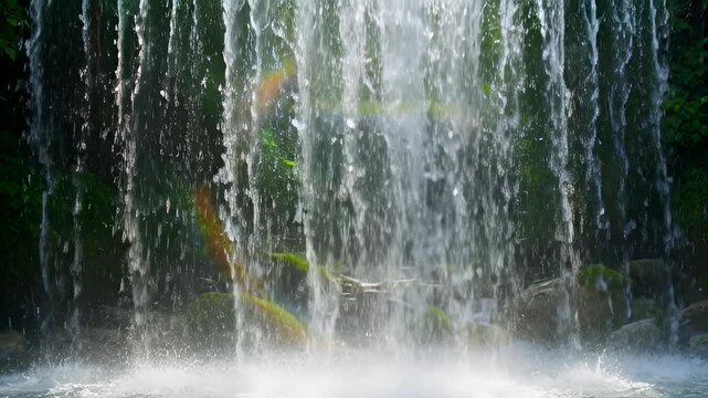 A tranquil waterfall cascades down moss-covered rocks, with gentle sunlight illuminating the falling water and hints of lush greenery in the background, creating a serene natural vista.