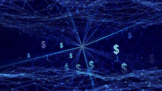 dollar signs in light rays, sparks and digital grid on blue hexagon background, abstract futuristic animation concept for digital dollar, stablecoin blockchain technology, tokenization