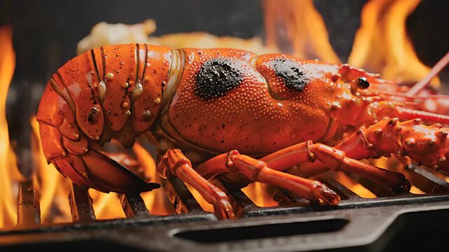 Whole lobster grilling over open flames on a cast iron barbecue. Fresh seafood cooking with intense heat for a charred finish. Luxury culinary concept ideal for restaurant menus and gourmet BBQ ads.