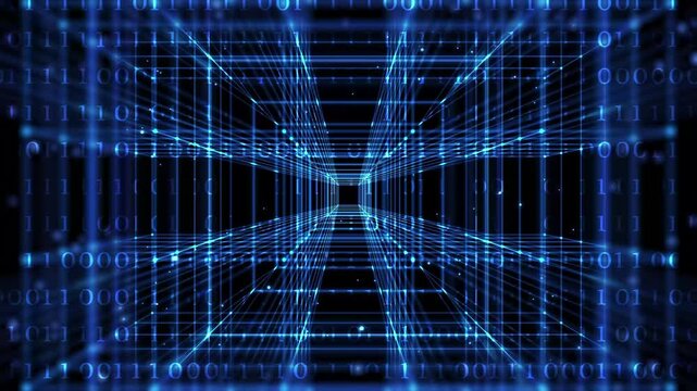 3d animation with cube tunnel and binary code for abstract futuristic technology background, blue shiny overlay concept for big data, digitization an blockchain