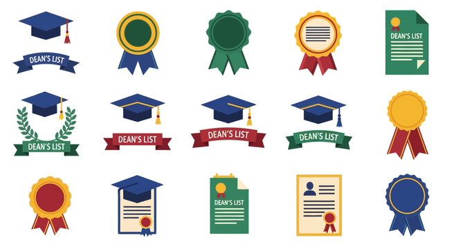 Academic Achievement Icons: Graduation Caps, Diplomas, Dean's List Ribbons & Seals