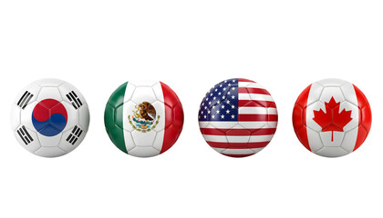 3D Soccer Balls Featuring National Flags of South Korea, Mexico, USA, and Canada Isolated on White © infinity