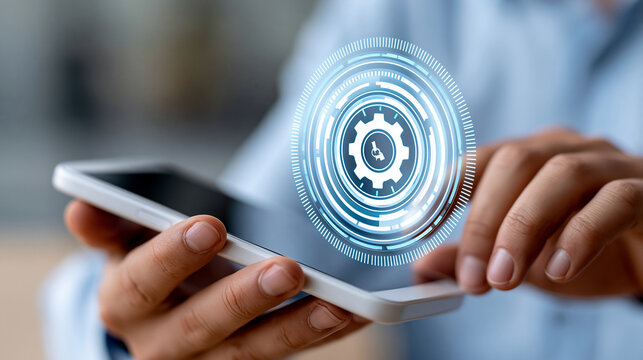 Futuristic holographic interface displaying no code platform workflow automation on a modern smartphone, digital business concept, faceless, defocused background, with copy space