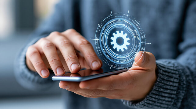 Futuristic holographic interface displaying no code platform workflow automation on a modern smartphone, digital business concept, faceless, defocused background, with copy space