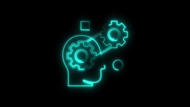 Neon human head with rotating gears animation: artificial intelligence and innovation concept