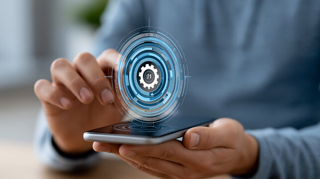 Futuristic holographic interface displaying no code platform workflow automation on a modern smartphone, digital business concept, faceless, defocused background, with copy space