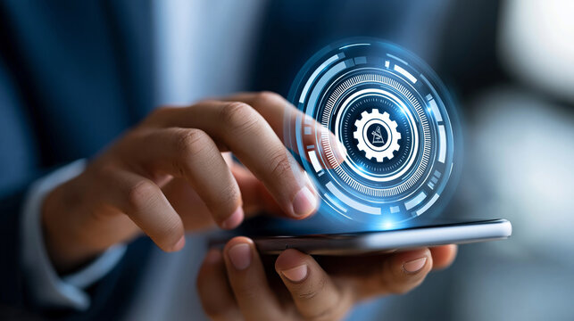 Futuristic holographic interface displaying no code platform workflow automation on a modern smartphone, digital business concept, faceless, defocused background, with copy space