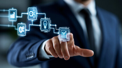 Fototapeta premium Business workflow interface with strategy, analysis and project management icons, digital technology concept, with copy space