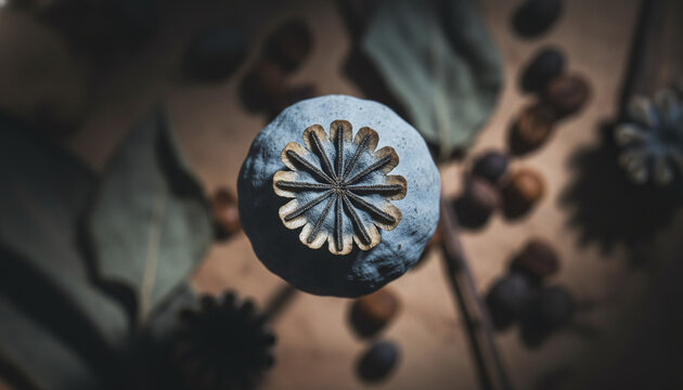Dried poppy seed pod star shaped crown macro texture