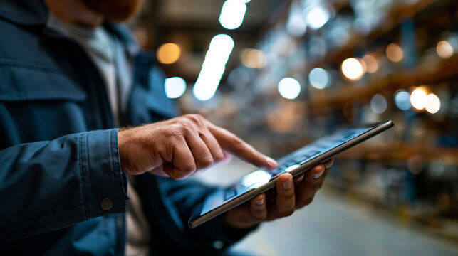 Factory warehouse worker operating a tablet device to review and manage production schedules and warehouse storage assignments in a modern industrial facility, defocused warehouse floor and