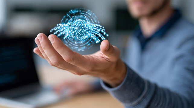 Programmer hand holding an AI agent hologram, artificial intelligence software for code generation and automated test analysis concept, faceless, defocused background, with copy