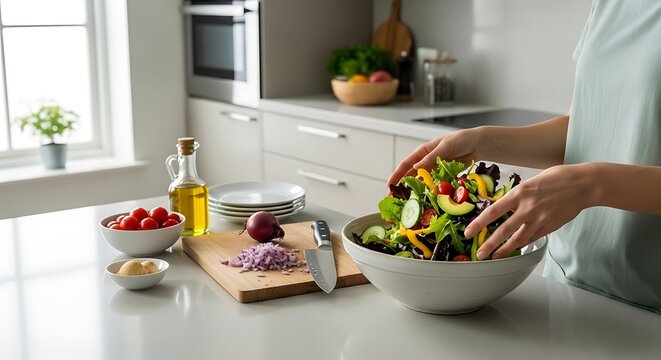 Healthy Salad Preparation: Fresh Ingredients, Kitchen Counter, Woman Tossing Salad