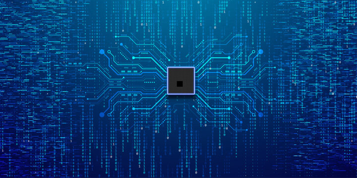 Artificial intelligence chip processor with binary code data background.