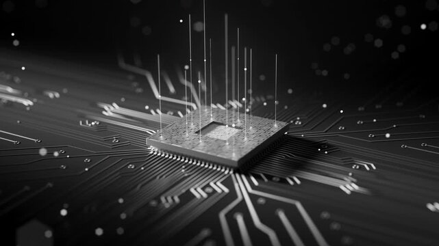 Abstract seamless 3D render of an advanced semiconductor chip with illuminated connections and floating particles. High-tech background for AI and computing concepts.