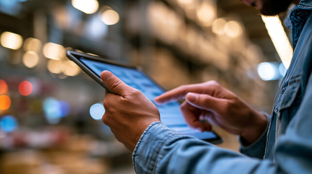 Waist-level crop of a warehouse worker using a digital tablet to check and control production activities at a manufacturing and distribution plant, representing modern trade and global