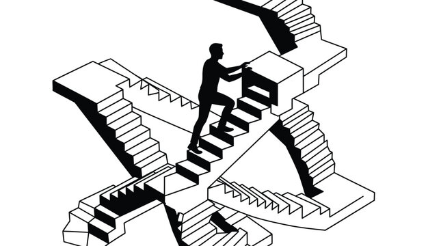 Silhouette of a man climbing an endless impossible staircase in a surreal black and white illustration