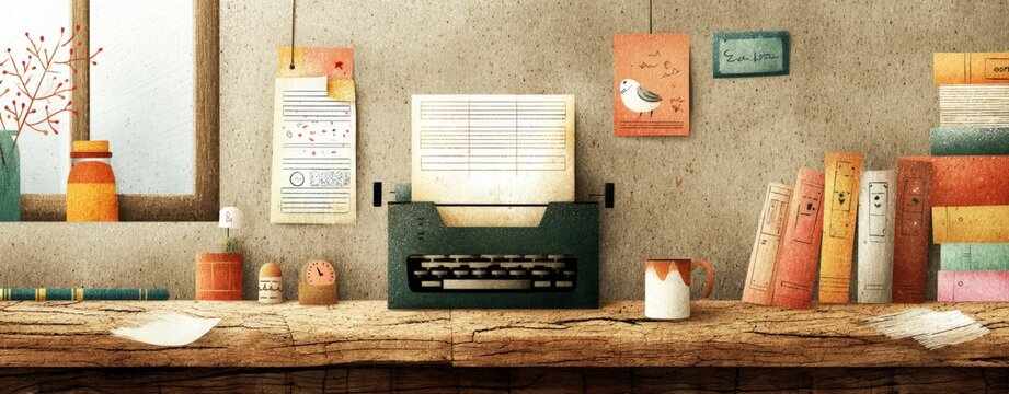 Elegant vintage typewriter on rustic wooden desk with colorful books and decor Handicraft business banner a handicraft business story minimalist organic handcraft business banner
