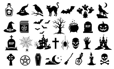 Obraz premium Halloween elements icons set. Vector black flat illustrations and silhouettes. Halloween stickers collection