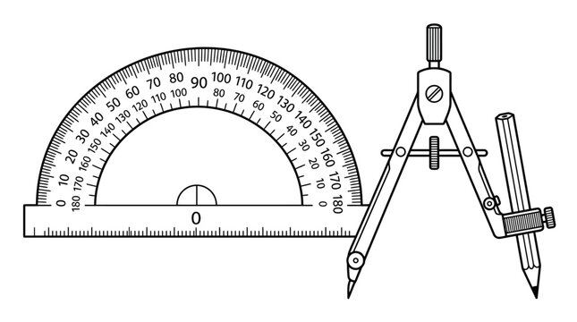 A protractor and a drafting compass used for geometry and technical drawing.