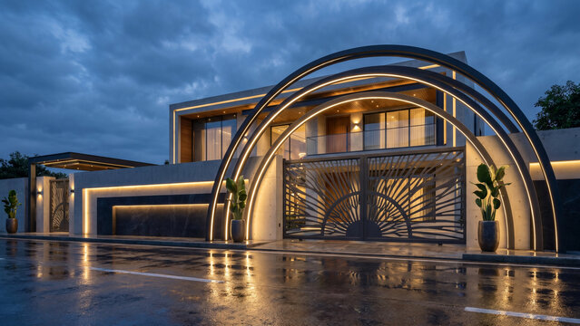 Futuristic mansion front gate design, contemporary architecture with illuminated arches, decorative steel gate with sunburst pattern, warm LED wall lights, minimalist luxury exterior, cloudy twilight 
