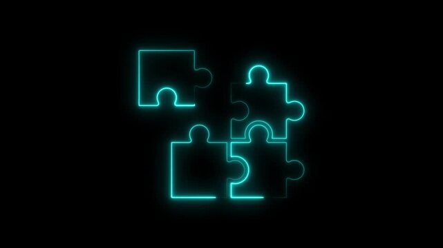 Neon glowing puzzle pieces animation: business strategy and problem solving concept