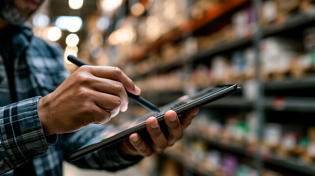 Close-up of Hispanic male hands using a stylus pen on a smart tablet to count and verify products on an inventory shelf in a distribution storage facility, managing stock control and