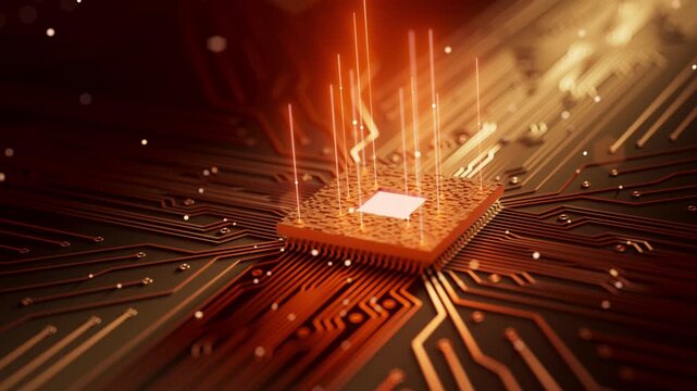 Abstract 3D looping animation of a powerful computer processor on a motherboard with glowing circuits. Ideal for AI, fintech, and cyber technology projects.