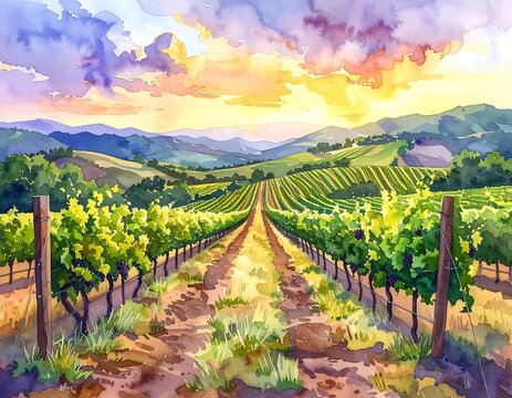 Vineyard landscape with rolling hills sunset.
